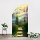 Lofaris Blurry Blue Stairs Greenery Scenery Half Moon Arch Backdrop